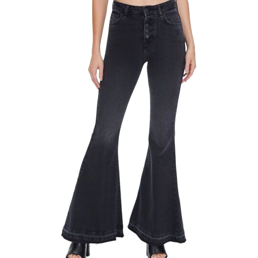 Forever 21 High Rise Super Flare Exposed Button Fly Faded Black Jeans Size 30